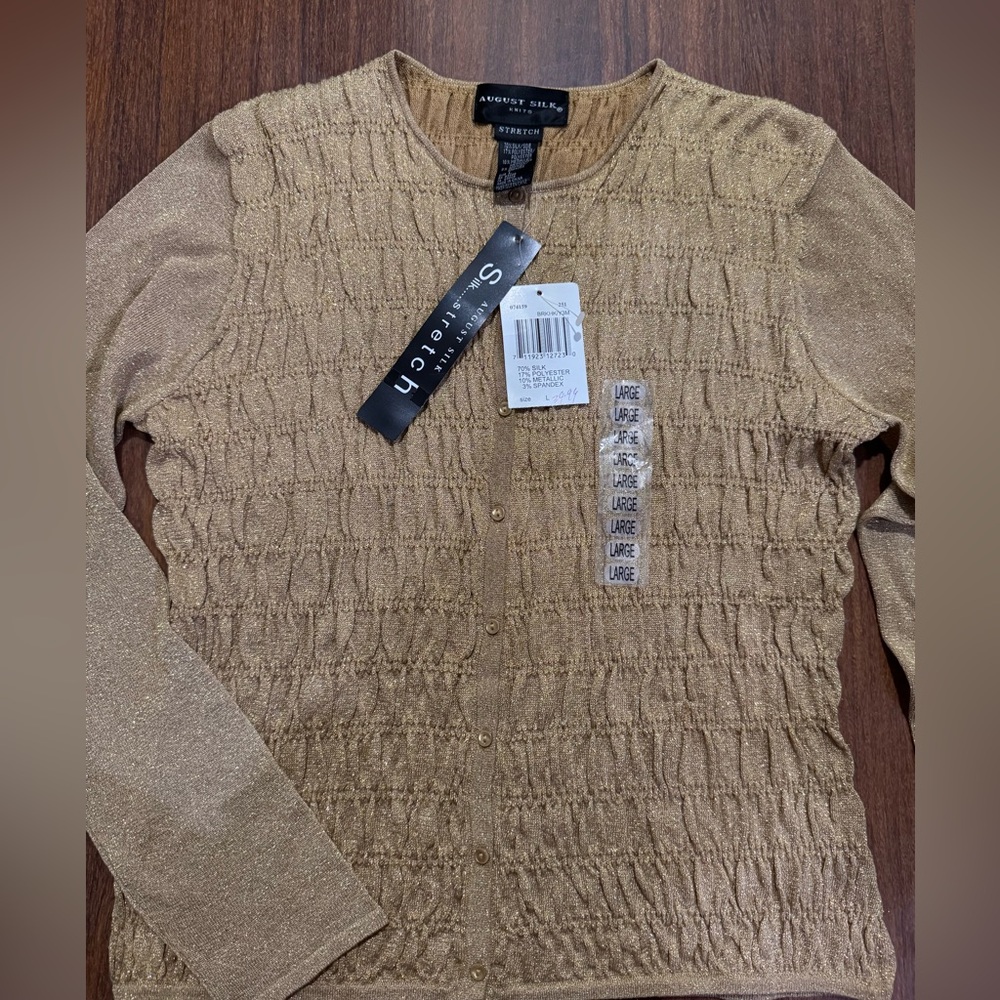 August silk Gold Metallic Knit Cardigan Sweater Size L NWT